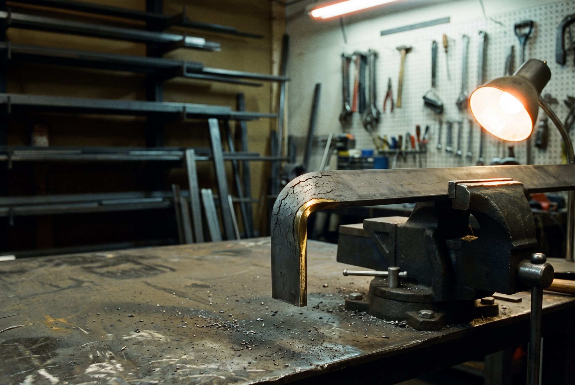 A flat steel bar clamped in a bench vise and bent cold to ninety degrees; the mill scale has cracked off at the bend.