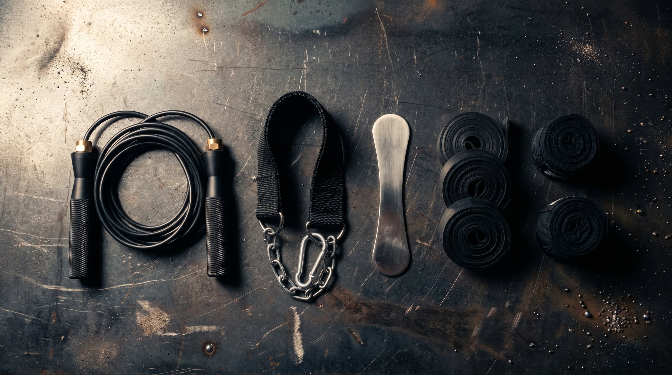 Flat lay on a steel table, left to right: weighted jump rope, neck harness, steel muscle scraper, floss bands, hand wraps.
