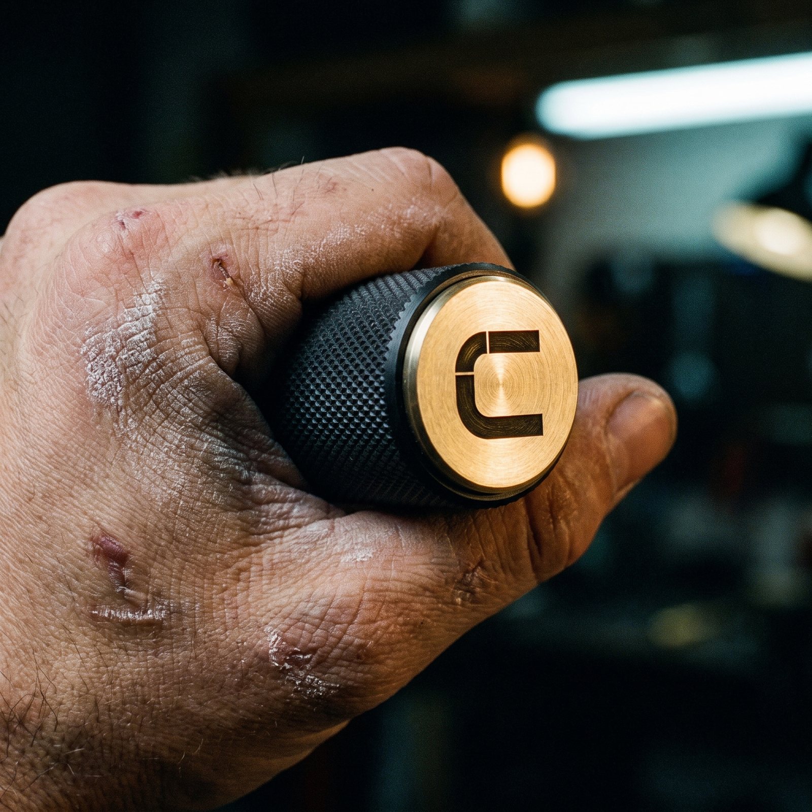 The mark laser-engraved into the brass end of a knurled rope handle, held in a scarred hand.