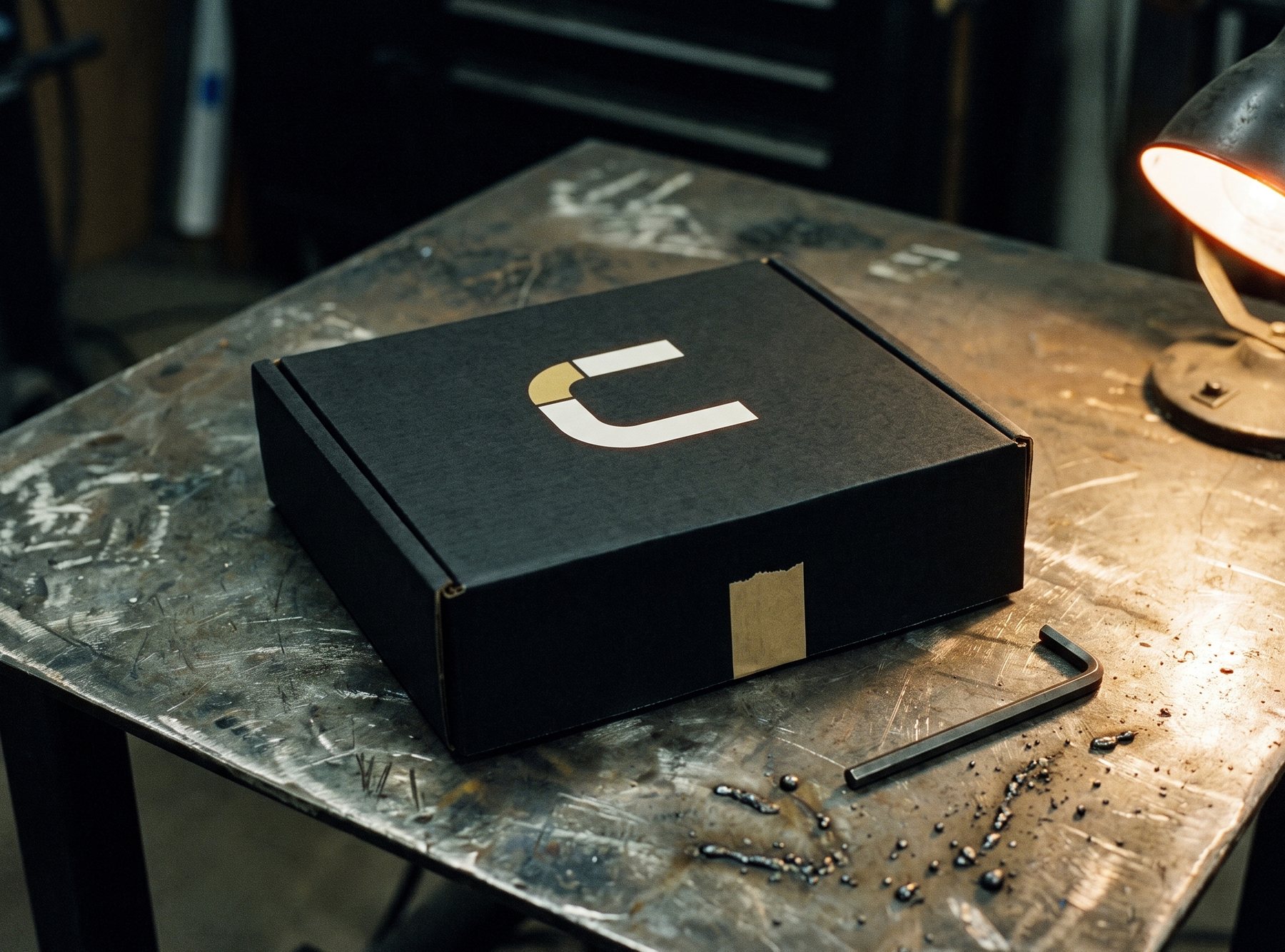 A matte black mailer box with the mark printed on the lid, on a steel welding table.